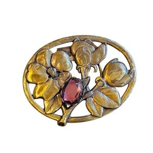 VTG Jeri-Lou Art Nouveau Style Floral Scarf Clip Pin Mirror Glass Signed Bronze